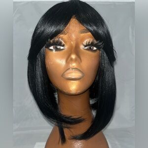 Sleek Black Layered Bob Wig – Synthetic Hair with Side Bangs